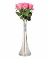 Tafeldecoratie 3 roze rozen in een vaas 45 cm