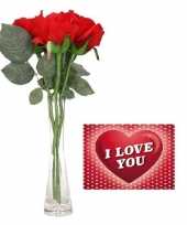 Valentijnsdag cadeau vaas met 3 rode rozen met valentijnskaart