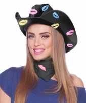 Verkleedaccessoires cowboyhoed zwart met kusjes voor dames