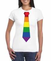 Wit t-shirt met regenboog vlag stropdas dames