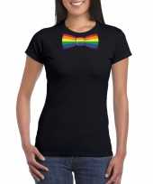 Zwart t-shirt met regenboog vlag strikje dames
